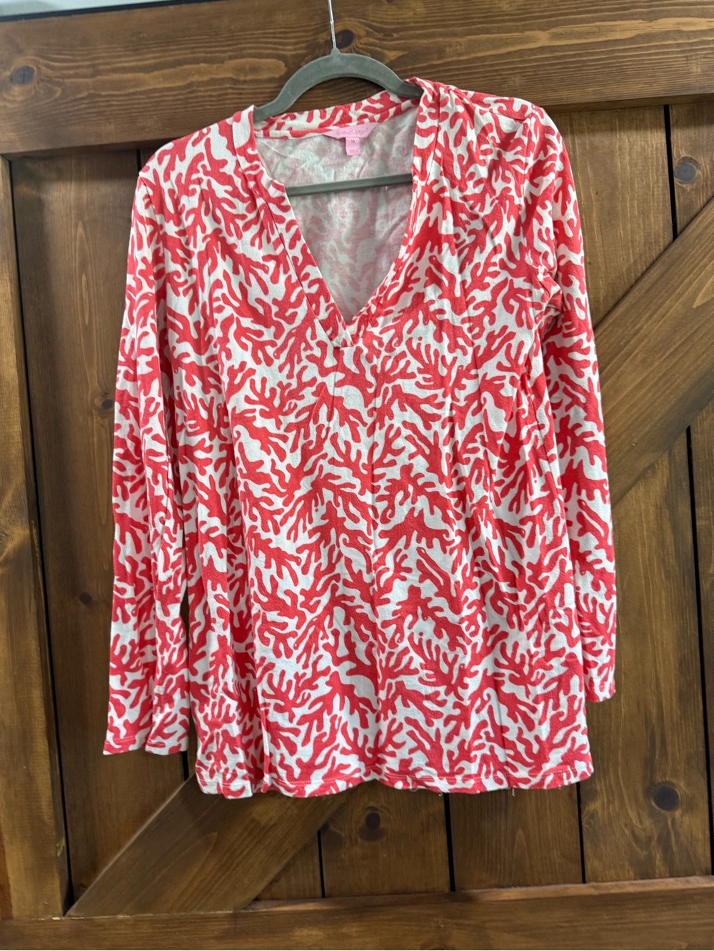 Lilly Pulitzer Coral-Print Long Sleeve V-Neck Top in White and Red